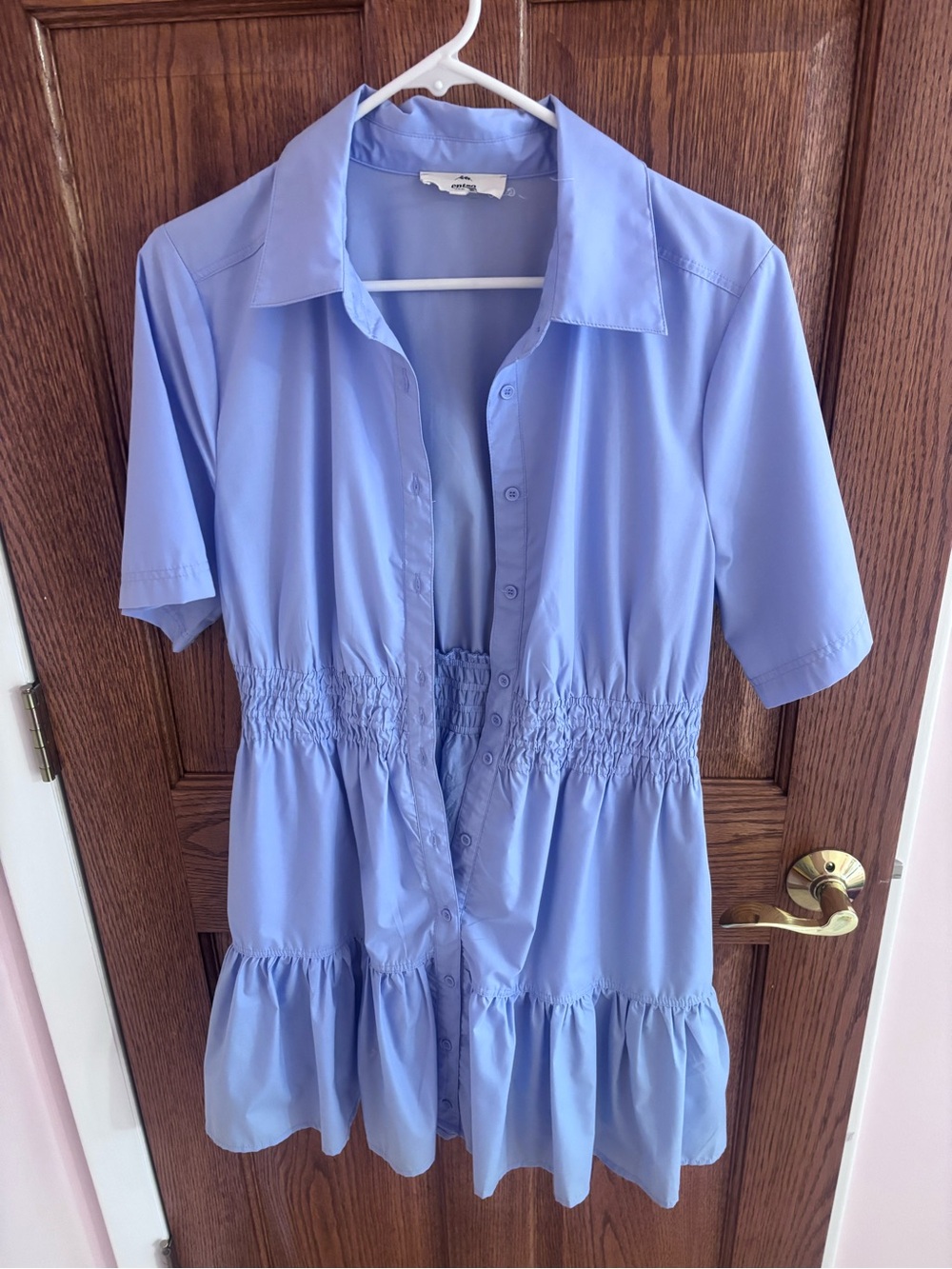 entro blue Short Sleeve Button-Up Tiered Mini Dress